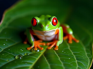 Obraz premium Captivating Close-Up of a Red-Eyed Tree Frog, Vibrant Colors and Intricate Details on Lush Green Leaf with Water Drops