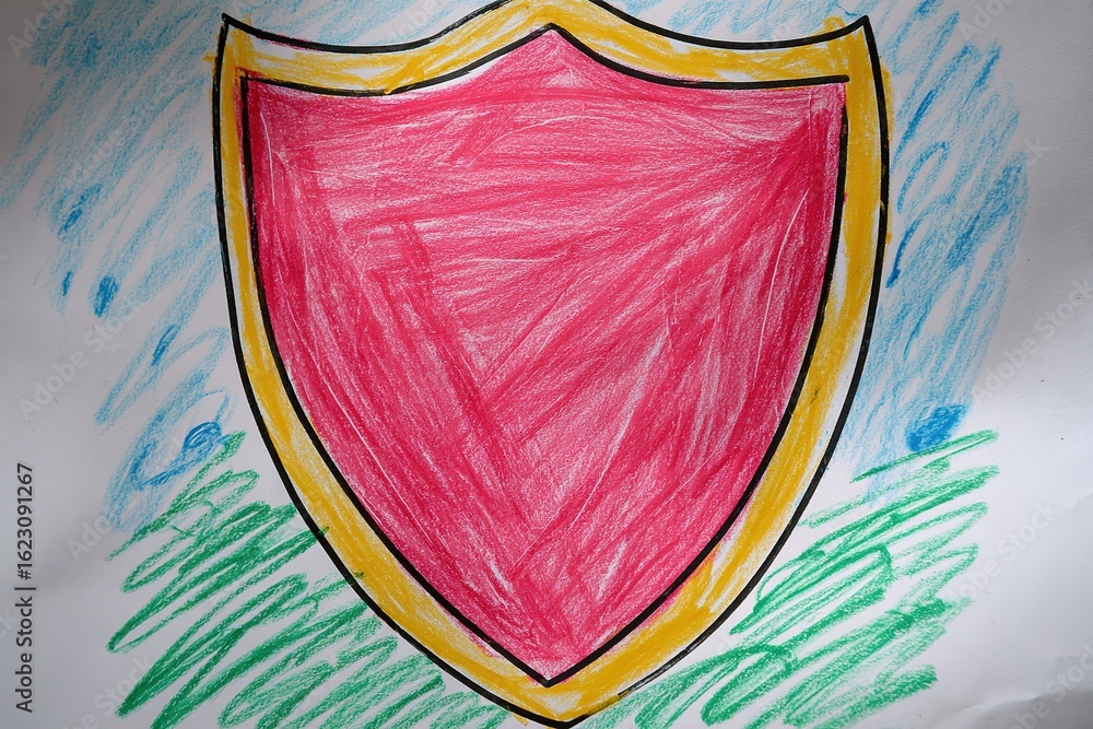 Poster child's colorful drawing of a shield with vibrant colors on paper in a creative setting during dayti