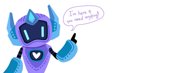 Cute artificial intelligence chat bot. Banner concept with copy space for your text, AI servers help technology background. Online communication, support assistance, cartoon digital agent. Vector illu