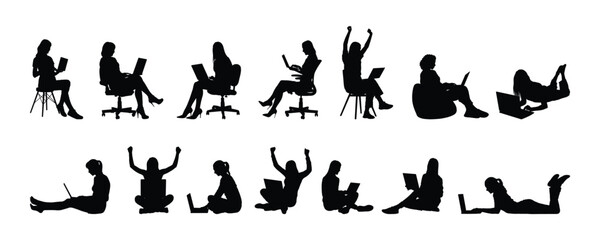 Women working with laptop various positions black silhouettes set on white background.