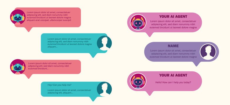 Users dialog with ai chatbot or ai agent. Characters chatting with robot, asking questions and receiving answers. AI assistant support and help. Flat cartoon vector illustration.