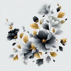 Elegant floral arrangement with gray black and gold flowers art illustration for backgrounds and designs featuring a sophisticated color palette and delicate details