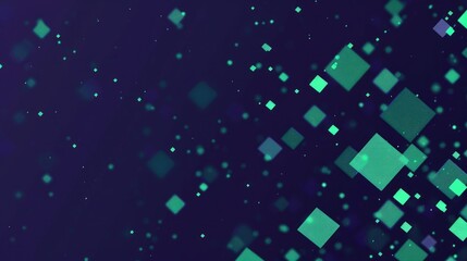 Abstract design featuring floating geometric shapes in shades of green against a dark background.
