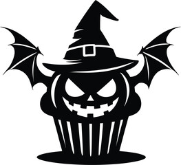 Black silhouette of a cupcake with bat wings and witch hat