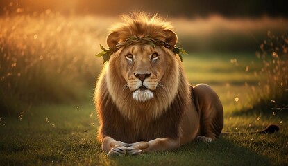 Lion resting on grass with a leafy crown on its head