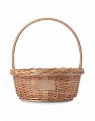 handmade woven basket with handles, warm tone, isolated object
