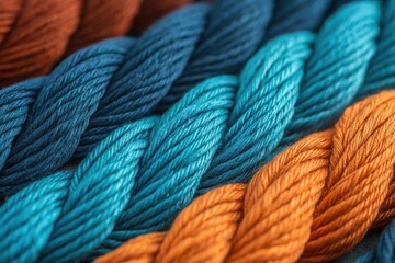 Close up of braided yarn in shades of teal blue and burnt orange