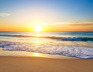 Serene sunset at the beach casting golden light on water and reflecting on the sand