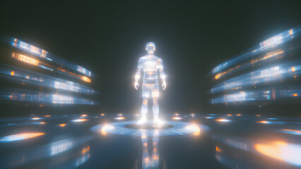 Futuristic Digital Human Figure Glowing in Sci-Fi Virtual Environment