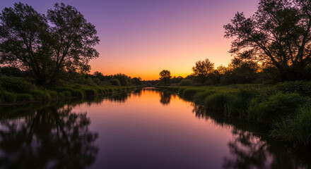 Tranquil River Reflecting a Vibrant Purple and Orange Sunset, Framed by Lush Trees in a Peaceful Countryside Landscape, Ideal for Nature, Relaxation, and Scenic Travel Themes