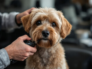 Adorable Brown Fluffy Dog Receiving a Professional Haircut with Scissors in a Pet Grooming Salon, Highlighting Care and Hygiene, Ideal for Pet Care and Animal Love Themes