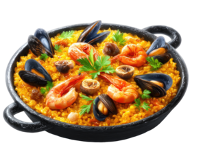 A colorful paella dish in a dark skillet