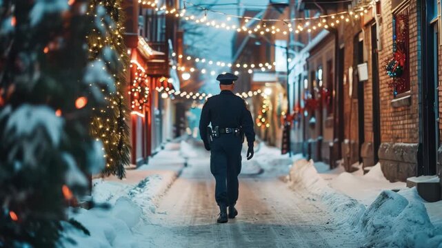 Winter evening patrol in festive city street with lights