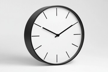 Clock on white wall with minimalist modern design, black frame and hands, simple and clean appearance, ideal for office or home interior emphasizing timekeeping and organization.