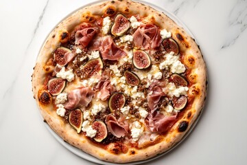 Delicious pizza topped with fresh figs, prosciutto, and creamy cheese on a crispy crust, offering a modern twist on traditional flavors