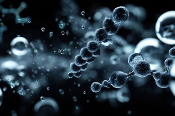 Molecular chain with water bubbles in dark background