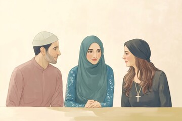 Interreligious meeting between a Muslim man, a Muslim woman and a Christian woman talking together peacefully