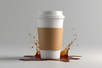 Minimalist Coffee Cup with Brown Sleeve and Spilled Coffee Splash on White Background