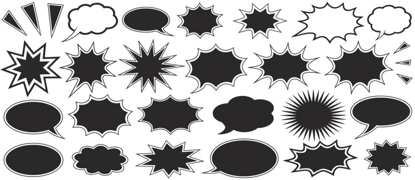 Comic Boom and Speech Bubble Silhouettes, Vector Collection of Explosions, Bursts, and Text Bubbles in Black for Vintage Comic Panels and Pop Art Graphics