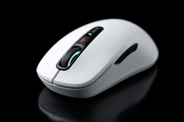 Sleek white computer mouse on a dark reflective surface