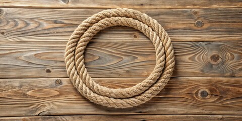 Fototapeta premium A thick nautical rope arranged in a circular frame on a rustic wooden surface, ideal for various design projects.