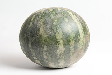 Whole ripe watermelon isolated on white background with green striped skin. Fresh summer fruit rich in vitamins, ideal for healthy eating snack.