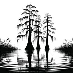 Silhouette of cypress trees in a swamp with spanish moss and reflections