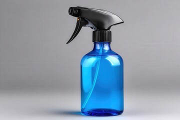 Blue liquid inside clear plastic spray bottle