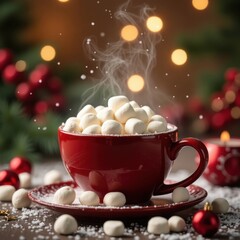 Cozy Red Cup Overflowing with Fluffy Marshmallows and Warm Steaming Drink on a Snowy Festive Table with Bokeh Lights