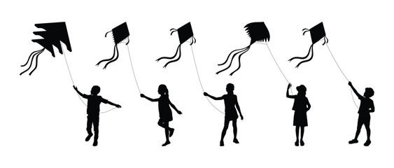 Children play and flying kite various poses outdoor activity vector silhouette set.