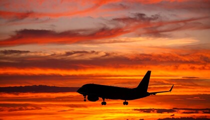 Airplane silhouette against a fiery sunset sky with vibrant orange and red clouds