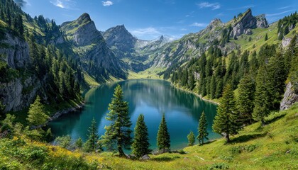 Alpine lake nestled amidst towering peaks
