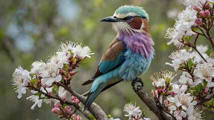 Perched on a blooming thorn tree, a Lilac-breasted Roller contrasts beautifully with the soft white flowers and sharp branches