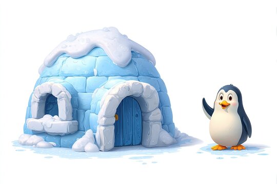 Cartoon igloo home with icy blue details snowdrift door and friendly penguin waving white backdrop isolated on white background