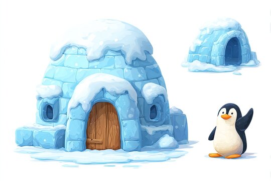 Cartoon igloo home with icy blue details snowdrift door and friendly penguin waving white backdrop isolated on white background