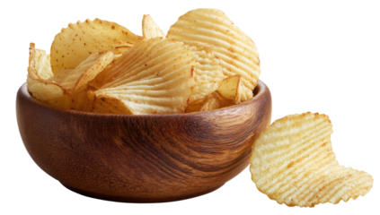 Crispy potato chips in a wooden bowl