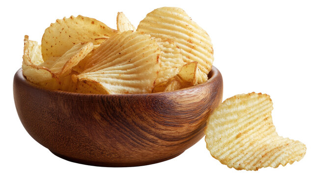 Crispy potato chips in a wooden bowl