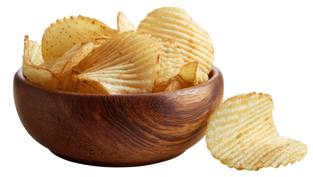 Crispy potato chips in a wooden bowl