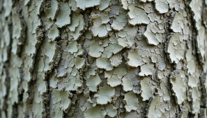 Textured bark of a sycamore tree, puzzle-like flaky layers in pale gray and green, organic mosaic appearance.