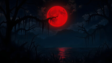 Dramatic Red Moon Sky Over Dark Landscape in Anime Art Style

