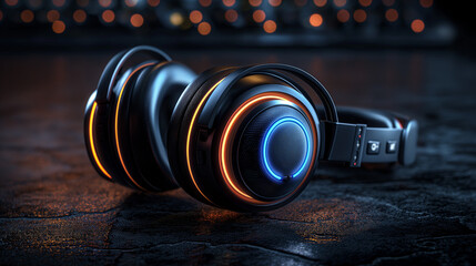 Modern black headphones with glowing neon lights. Futuristic over-ear audio gear on dark background. Stylish close-up for tech branding visuals.