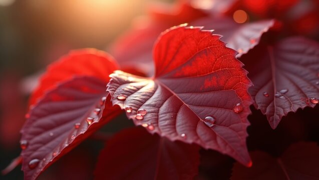 Macro Shot of Wet Red Leaves Catching Golden Hour Sunlight Creating a Beautiful Nature Scene