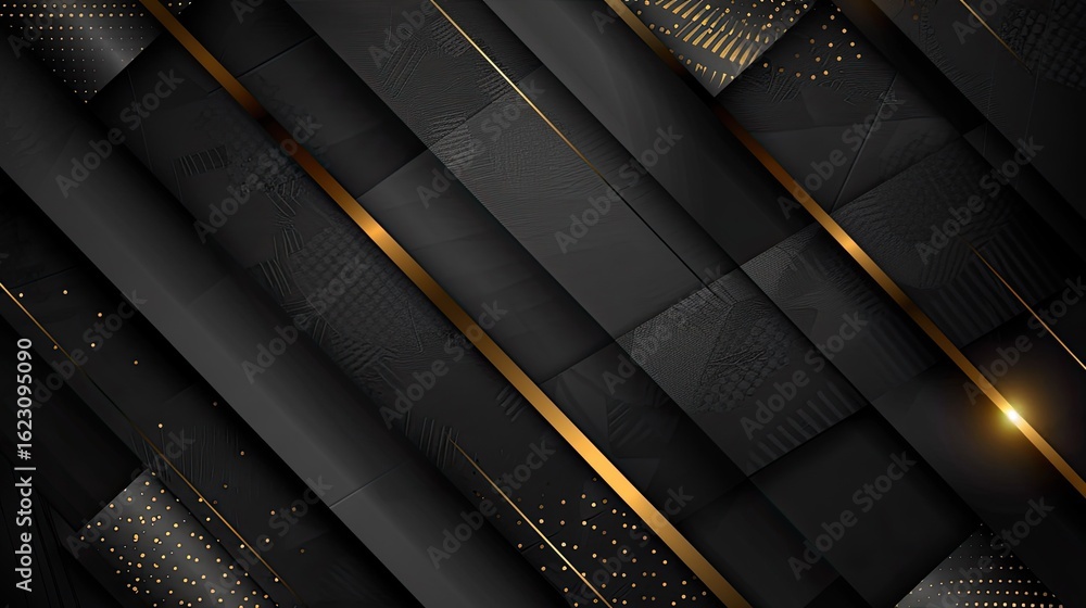 Poster a sleek black and gold abstract design with layered textures and patterns.