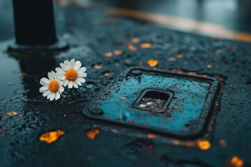 Daisies lay on a wet metal surface during overcast weather