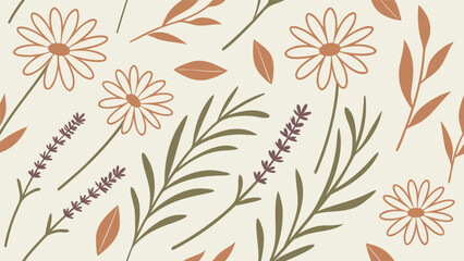 Scandinavian Botanical Vector Pattern with Wild Herbs and Minimal Flowers