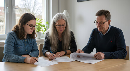 Family members carefully review important documents together at home, ensuring accuracy and collaboration.