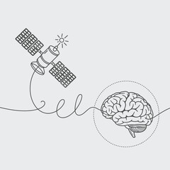 Satellite transmitting data to a human brain in a conceptual illustration