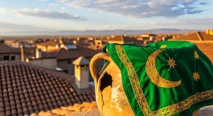 Antique pot draped with vibrant embroidered textile atop sunny Goreme rooftop view