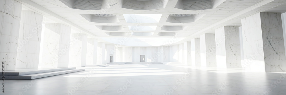 Aufkleber interior view of a bright white hall with columns and abstract ceiling architecture design