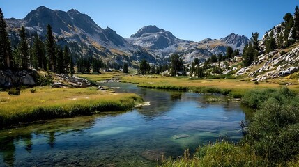 High mountain meadows. Majestic mountains and tranquil waters.